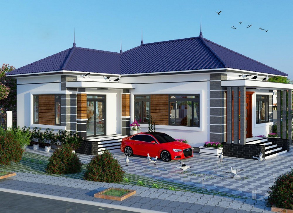 Mẫu nhà cấp 4 chữ L 2 phòng ngủ đẹp chuẩn theo phong thủy Ngoại thất mẫu nhà cấp 4 chữ L đẹp