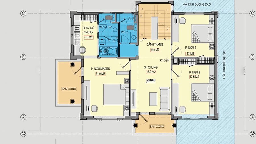 Biệt thự 9x15m tân cổ điển khẳng định đẳng cấp gia chủ Mặt bằng công năng tầng 2