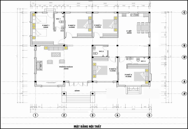Mẫu biệt thự vườn 1 tầng 5 phòng ngủ được yêu thích nhất Bản vẽ mặt bằng công năng biệt thự 1 tầng 5 phòng ngủ