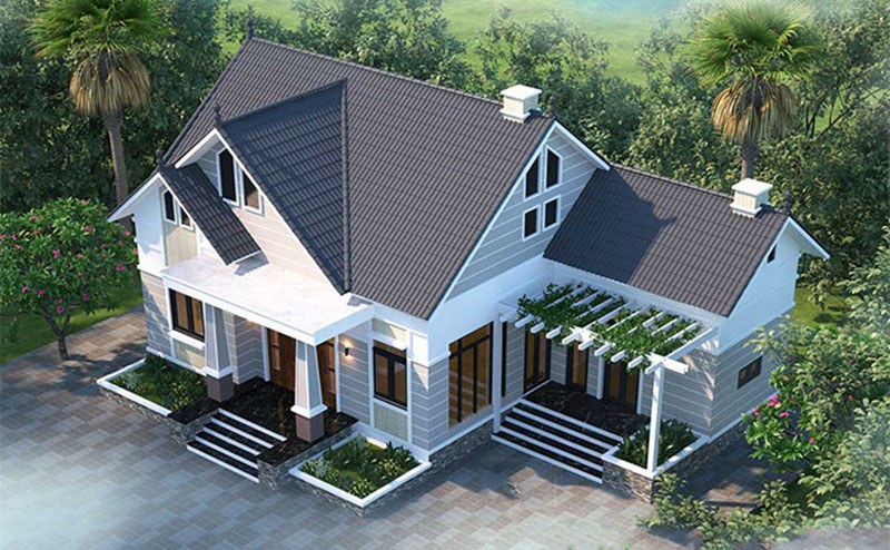 Mẫu nhà cấp 4 chữ l 4 phòng ngủ có gác lửng đầy tiện nghi