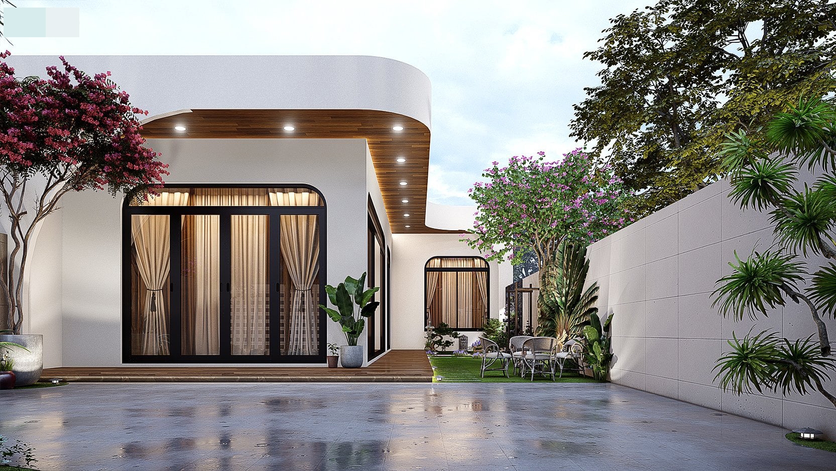 Thiết kế nhà cấp 4 hiện đại mái bằng đẹp tựa resort nghỉ dưỡng Phối cảnh 3D nhà cấp 4 hiện đại mái bằng đẹp