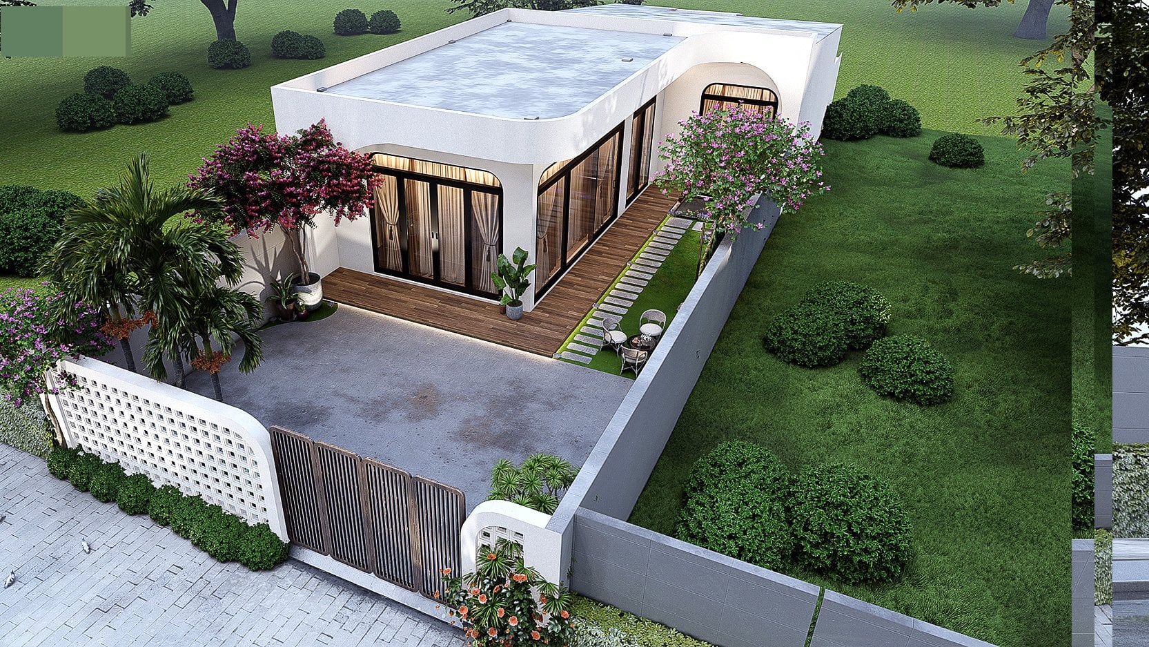 Thiết kế nhà cấp 4 hiện đại mái bằng đẹp tựa resort nghỉ dưỡng Hình ảnh ngoại thất của nhà cấp 4 mái bằng
