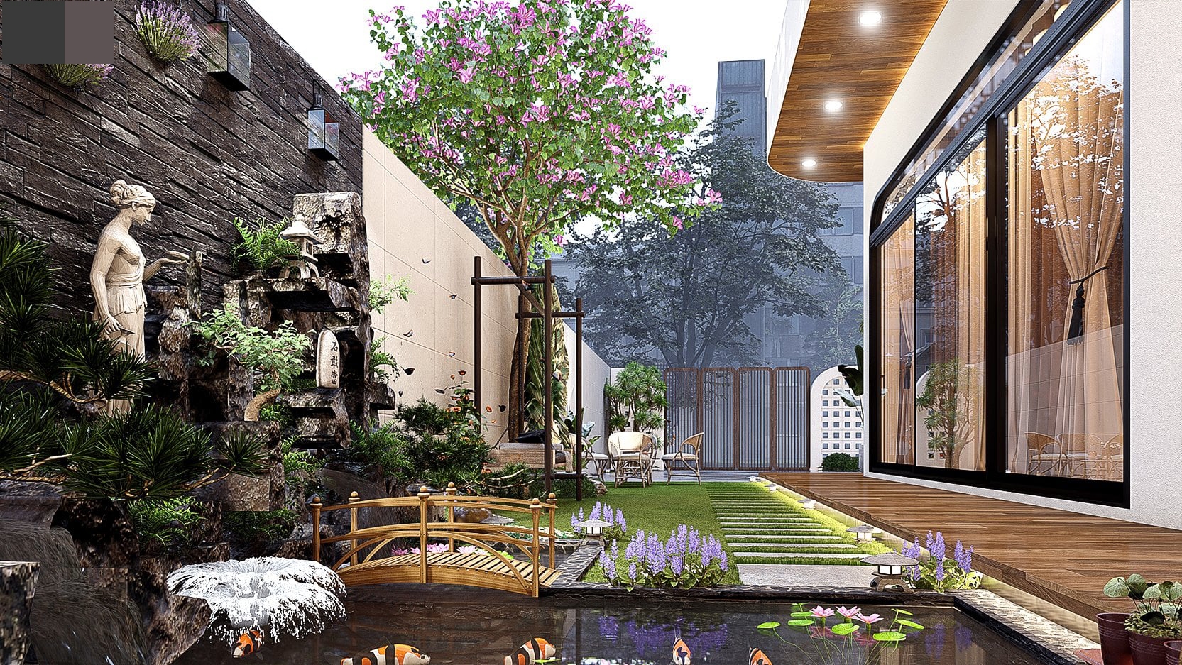 Thiết kế nhà cấp 4 hiện đại mái bằng đẹp tựa resort nghỉ dưỡng Tổng thể sân vườn của nhà cấp 4