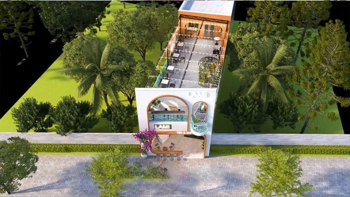 Mẫu thiết kế quán cafe 2 tầng 5x20m đẹp thu hút khách hàng check – in Không gian vô cùng thoáng đãng, tràn ngập màu sắc và ánh sáng