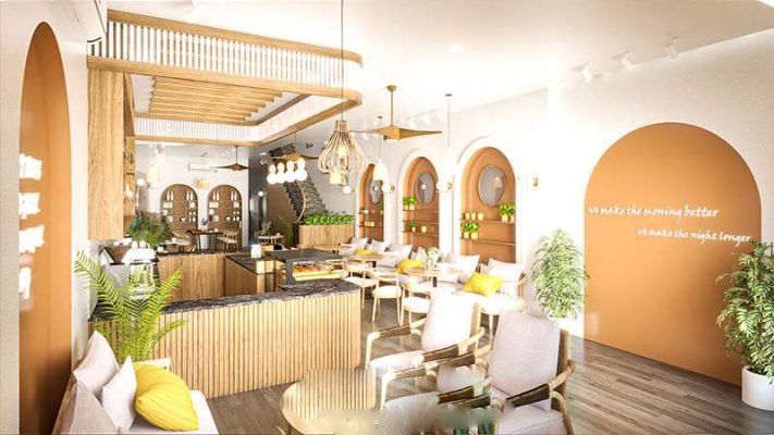 Mẫu thiết kế quán cafe 2 tầng 5x20m đẹp thu hút khách hàng check – in Không gian tầng 1 của thiết kế quán cafe 2 tầng đẹp