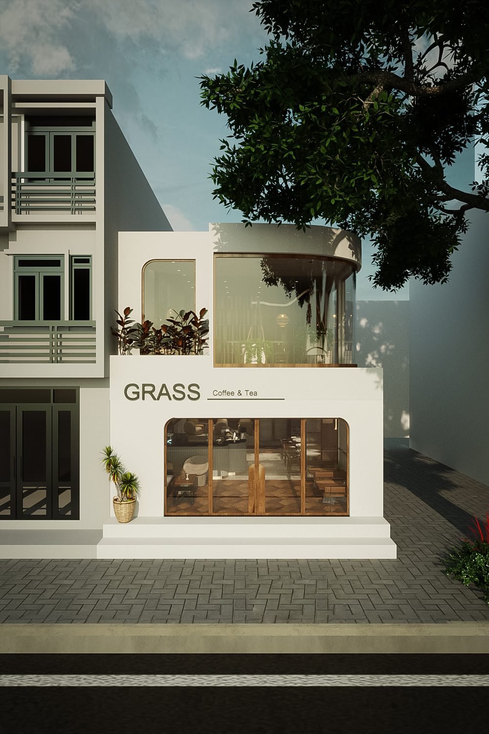 Thiết kế quán cafe mặt tiền 6m đẹp từ ngoài vào trong Ý tưởng thiết kế quán cafe mặt tiền 6m hiện đại