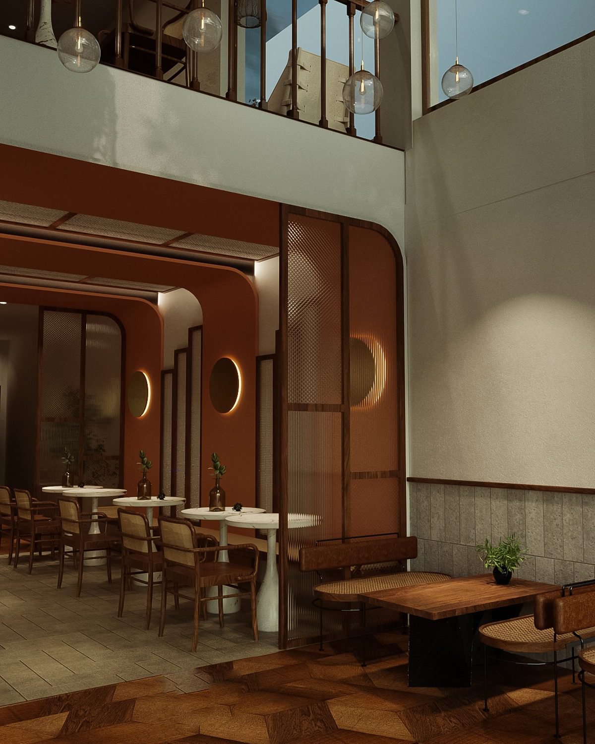 Thiết kế quán cafe mặt tiền 6m đẹp từ ngoài vào trong Nội thất gỗ có chất lượng tốt để đảm bảo độ bền, sự an toàn cho khách hàng