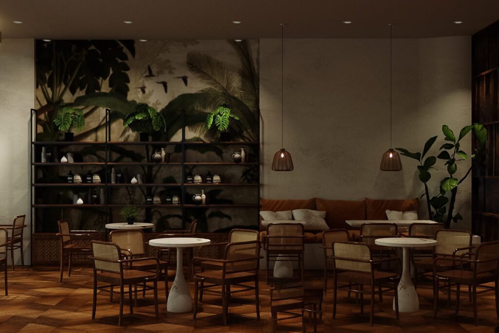 Thiết kế quán cafe mặt tiền 6m đẹp từ ngoài vào trong Những chậu cây xanh giúp tô điểm không gian tươi tắn và xanh mát